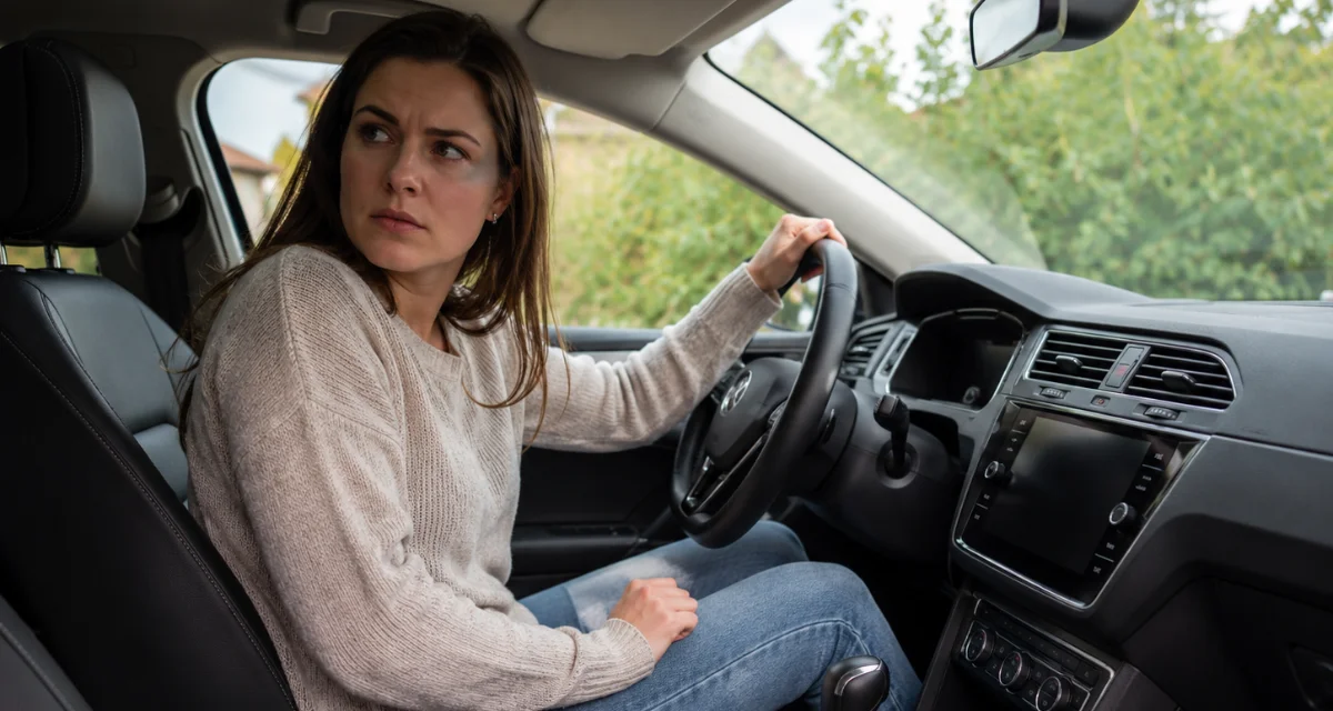 Frau im Auto hört Auffällige Geräusche
